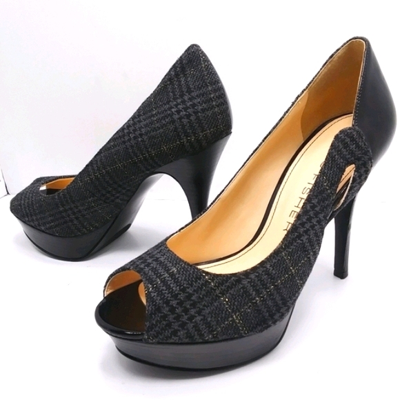 MARC FISHER Rumble 2 Wool & Patent Platform Peeptoe Pumps EUC - Picture 2 of 16